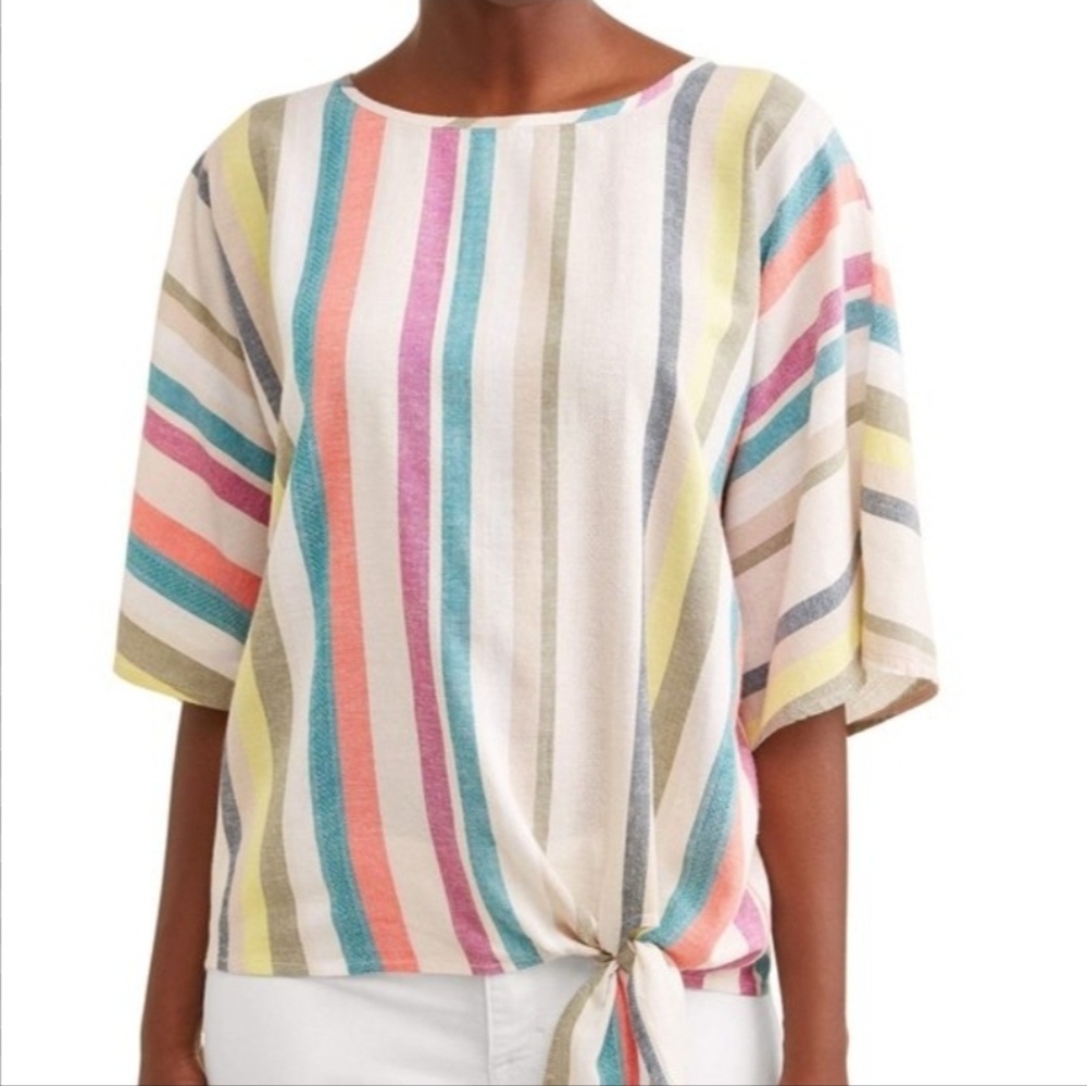 Time & Tru Linen Blend Side Tie Knotted Striped Top Sz M